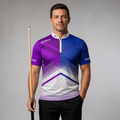 Front view of the Men and Youth Rex purple and blue darts and pool shirt, featuring a dynamic and bold athletic jersey design.