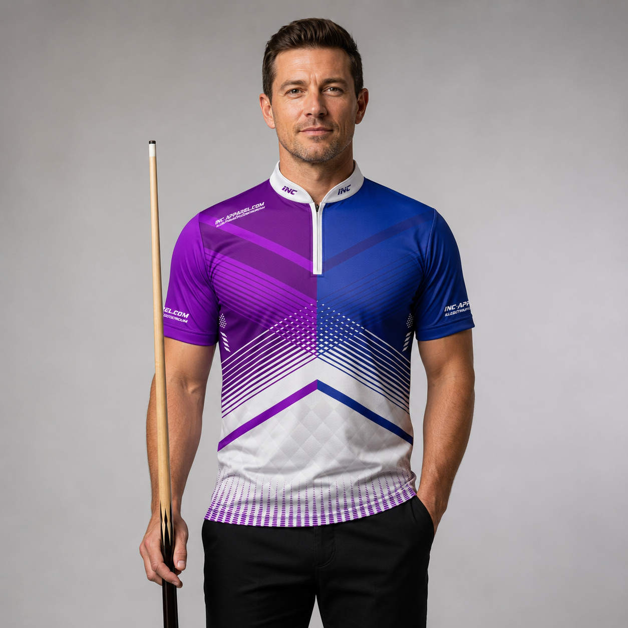 Front view of the Men and Youth Rex purple and blue darts and pool shirt, featuring a dynamic and bold athletic jersey design.