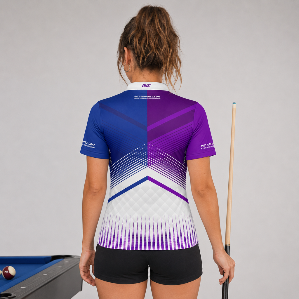 Back view of the Womens Rex purple and blue darts and pool shirt, showing the clean continuation of the bold graphic athletic pattern.