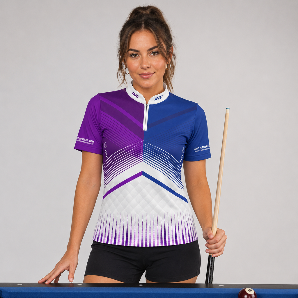 Front view of the Womens Rex purple and blue darts and pool shirt, featuring a custom tailored vibrant team jersey design.