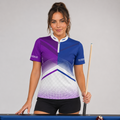 Front view of the Womens Rex purple and blue darts and pool shirt, featuring a custom tailored vibrant team jersey design.