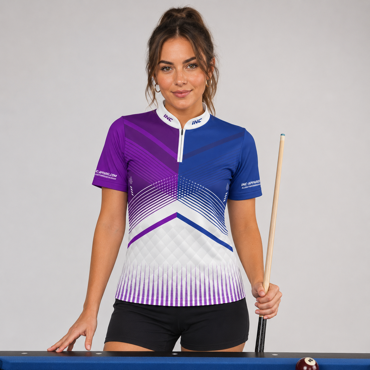 Front view of the Womens Rex purple and blue darts and pool shirt, featuring a custom tailored vibrant team jersey design.