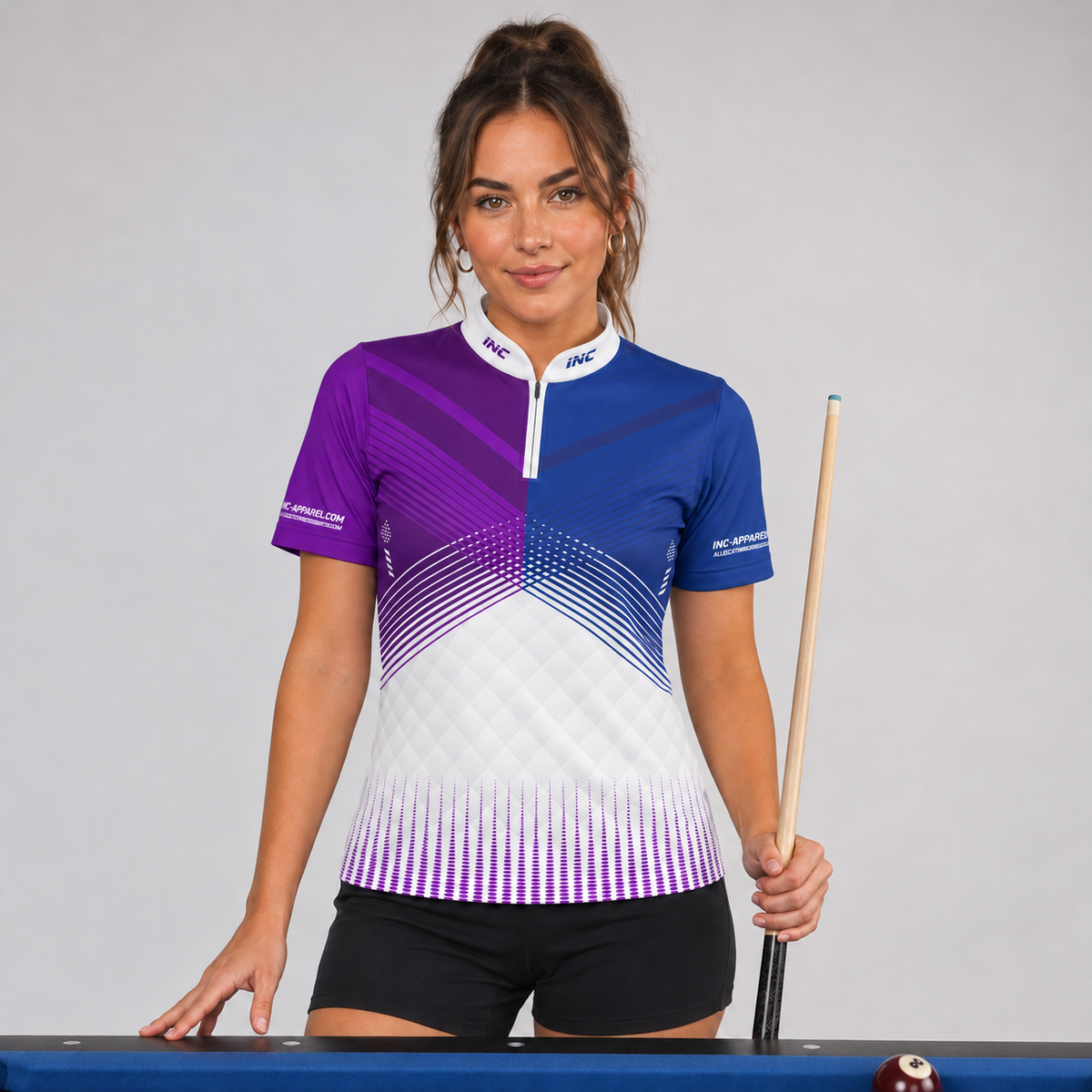 Front view of the Rex Purple and Blue Women's Pool Shirt
