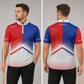 Front view of the Men and Youth Rex red and blue darts and pool shirt, featuring a dynamic and bold athletic jersey design.