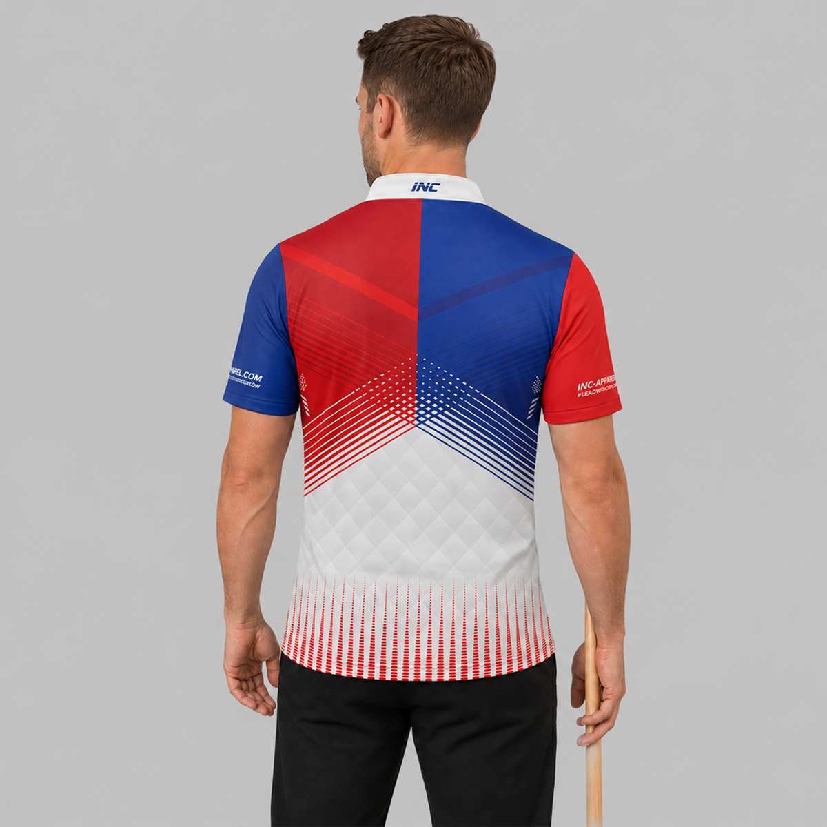 Back view of the Rex Red and Blue Men's and Youth Darts and Pool Shirt