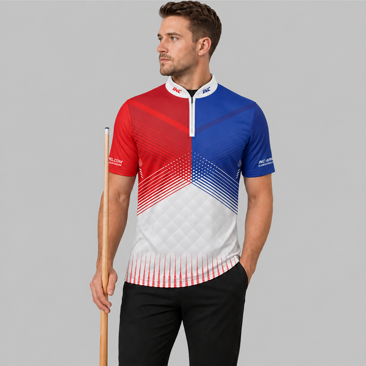 Front view of the Rex Red and Blue Men's and Youth Darts and Pool Shirt