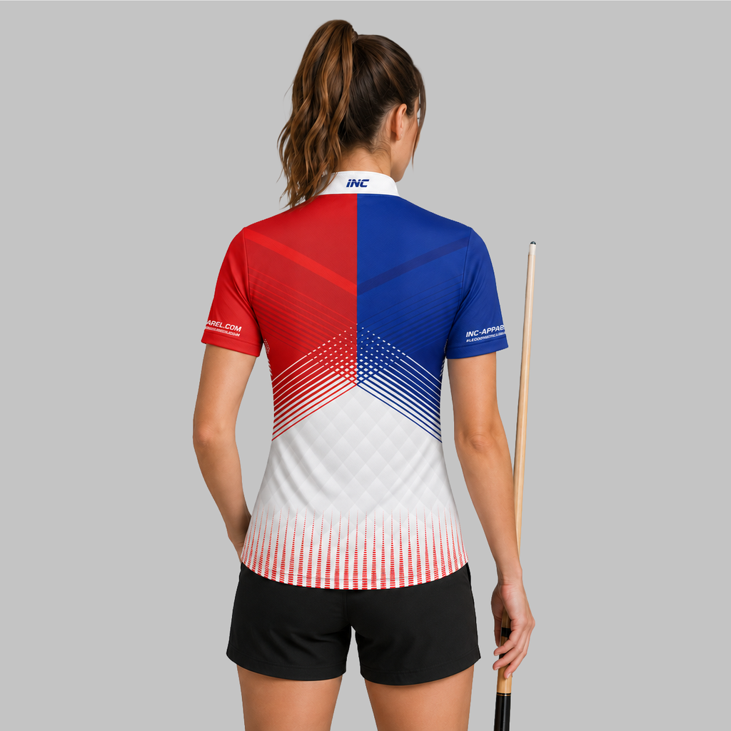 Back view of the Rex Red and Blue Women's Darts and Pool Shirt