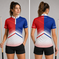 Front view of the Womens Rex red and blue darts and pool shirt, featuring a custom tailored vibrant team jersey design.