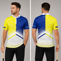 Front view of the Men and Youth Rex yellow and blue darts and pool shirt, featuring a dynamic and bold athletic jersey design.