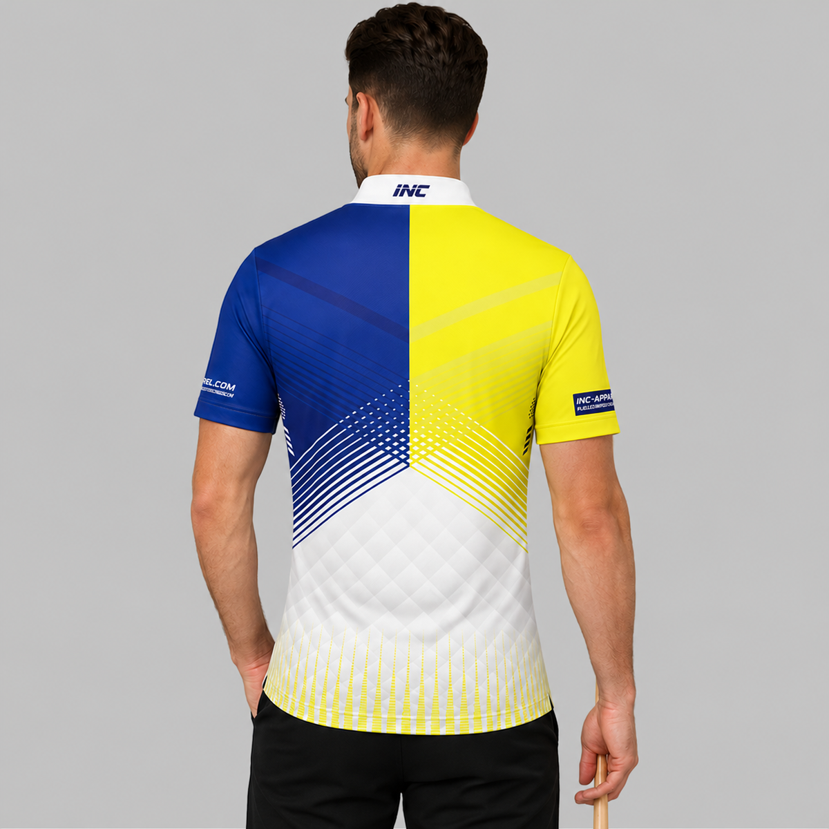 Back view of the Rex Yellow and Blue Men's and Youth Darts and Pool Shirt