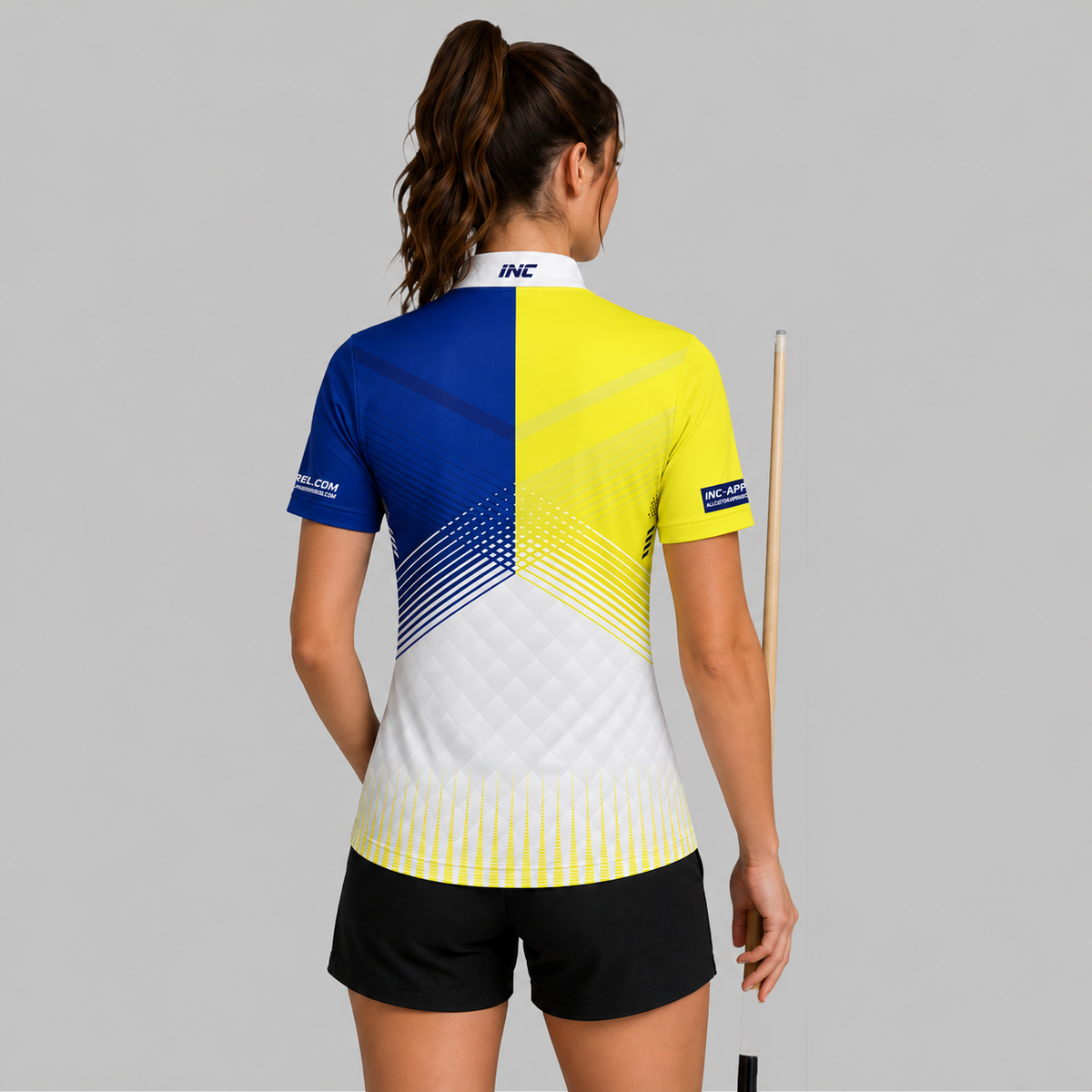 Back view of the Rex Yellow and Blue Women's Darts and Pool Shirt