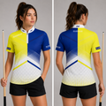 Front view of the Womens Rex yellow and blue darts and pool shirt, featuring a custom tailored vibrant team jersey design.
