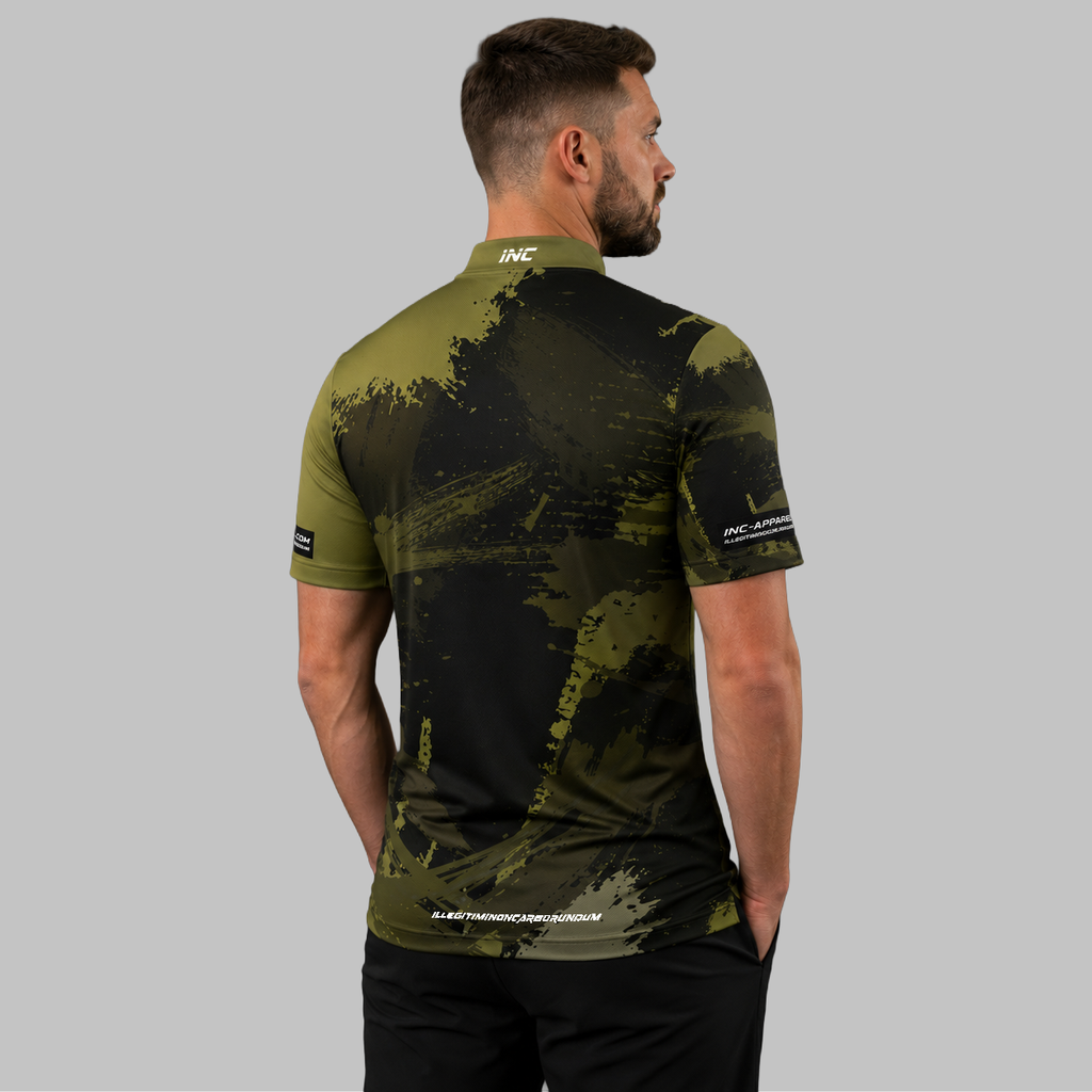 Back view of the Men and Youth Rogatus Camouflautus darts and pool shirt, showing the clean and continuous flow of the camouflage graphic pattern across the back.