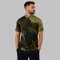 Front view of the Men and Youth Rogatus Camouflautus darts and pool shirt, showcasing the dynamic athletic jersey design with its sharp tactical camouflage pattern.