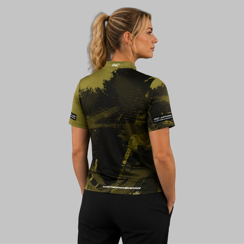 Back view of the Women's Rogatus Camouflautus darts and pool shirt, highlighting the seamless and clean continuation of the camouflage graphic pattern across the shoulders.