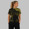Front view of the Women's Rogatus Camouflautus darts and pool shirt, showcasing the custom-tailored athletic jersey layout with its sharp tactical camouflage pattern.