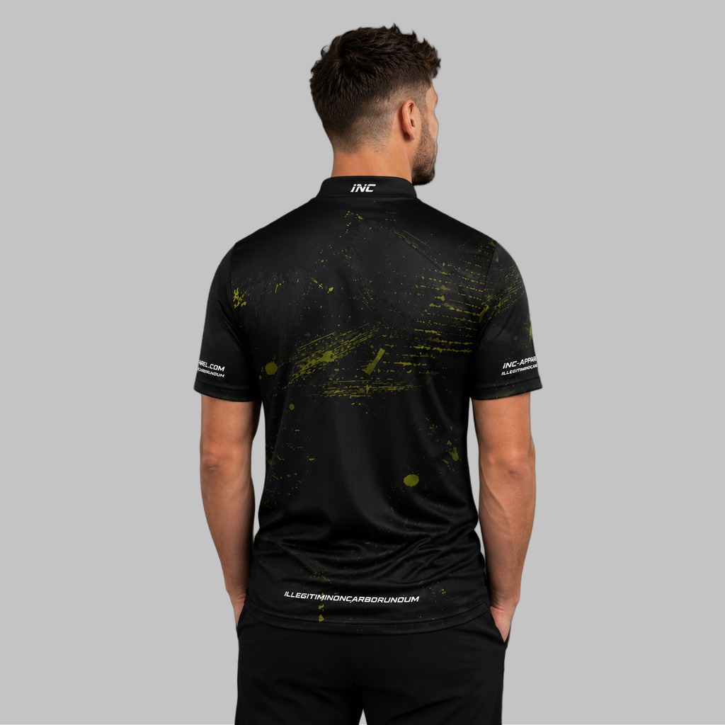 Back view of the Men's Rogatus Recognitio darts and pool shirt, showing the clean and continuous flow of the high-contrast graphic design across the shoulders.