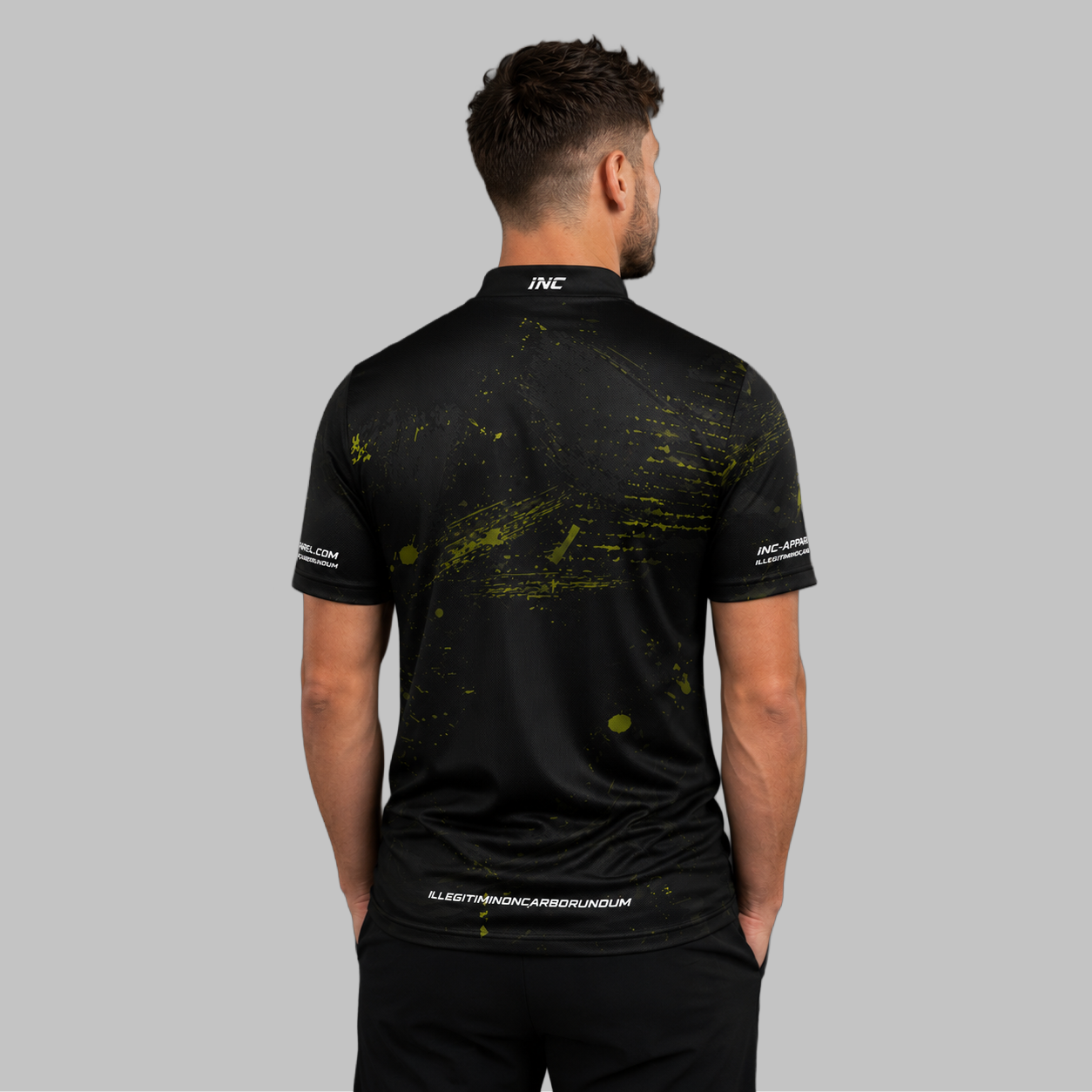 Back view of the Men's Rogatus Recognitio darts and pool shirt, showing the clean and continuous flow of the high-contrast graphic design across the shoulders.