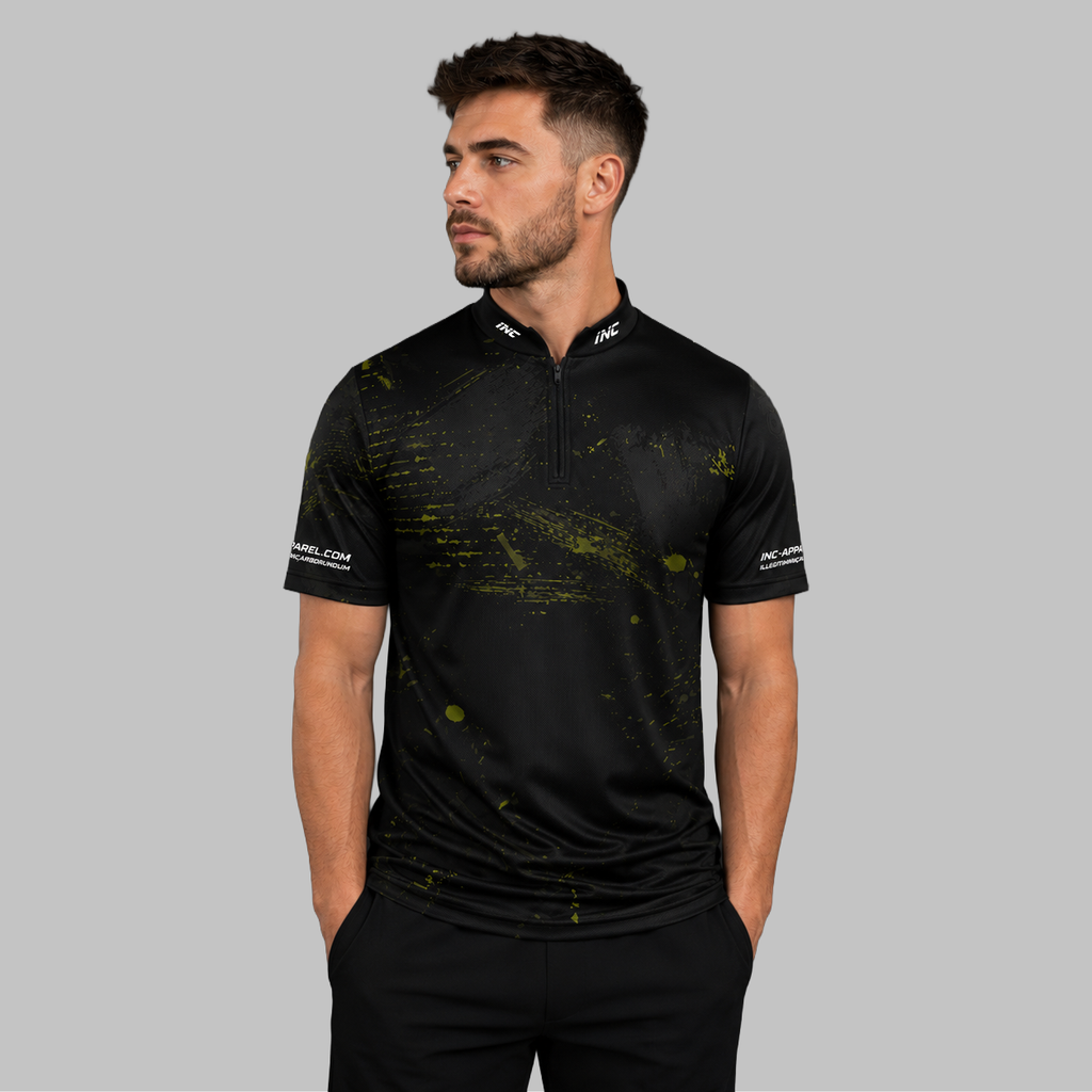 Front view of the Men's Rogatus Recognitio darts and pool shirt, showcasing the dynamic athletic jersey design with its sharp graphic pattern.