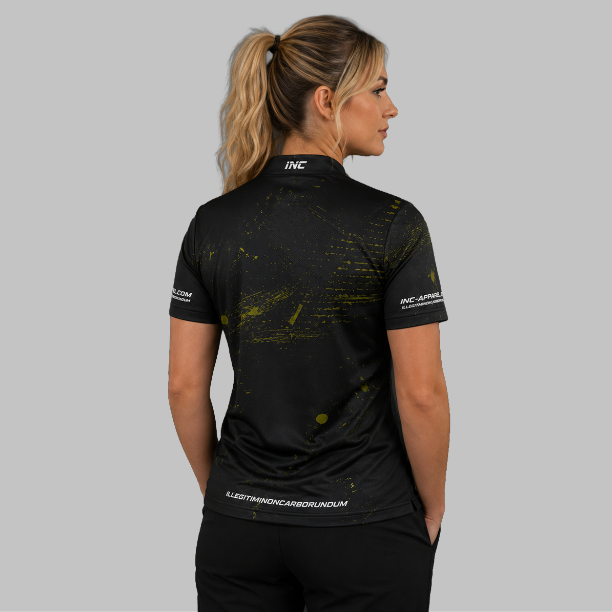 Back view of the Women's Rogatus Recognitio darts and pool shirt, highlighting the seamless and clean continuation of the high-contrast graphic pattern across the shoulders.