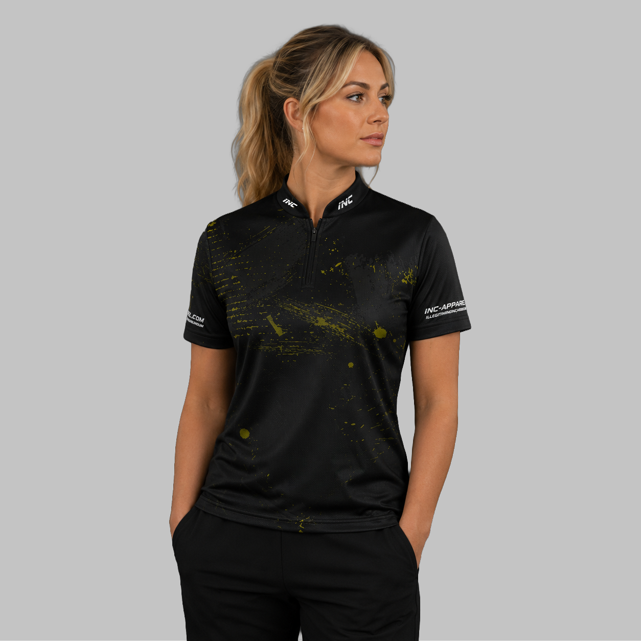 Front view of the Women's Rogatus Recognitio darts and pool shirt, showcasing the custom-tailored athletic jersey layout with its sharp graphic design.
