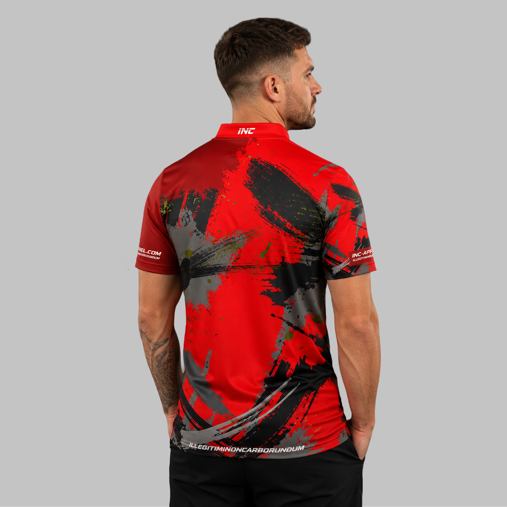 Back view of the Men's Rogatus Sanguis darts and pool shirt, showing the clean and continuous flow of the bold graphic design across the shoulders.