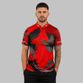 Front view of the Men's Rogatus Sanguis darts and pool shirt, showcasing the dynamic athletic jersey design with its vivid crimson graphic patterns.