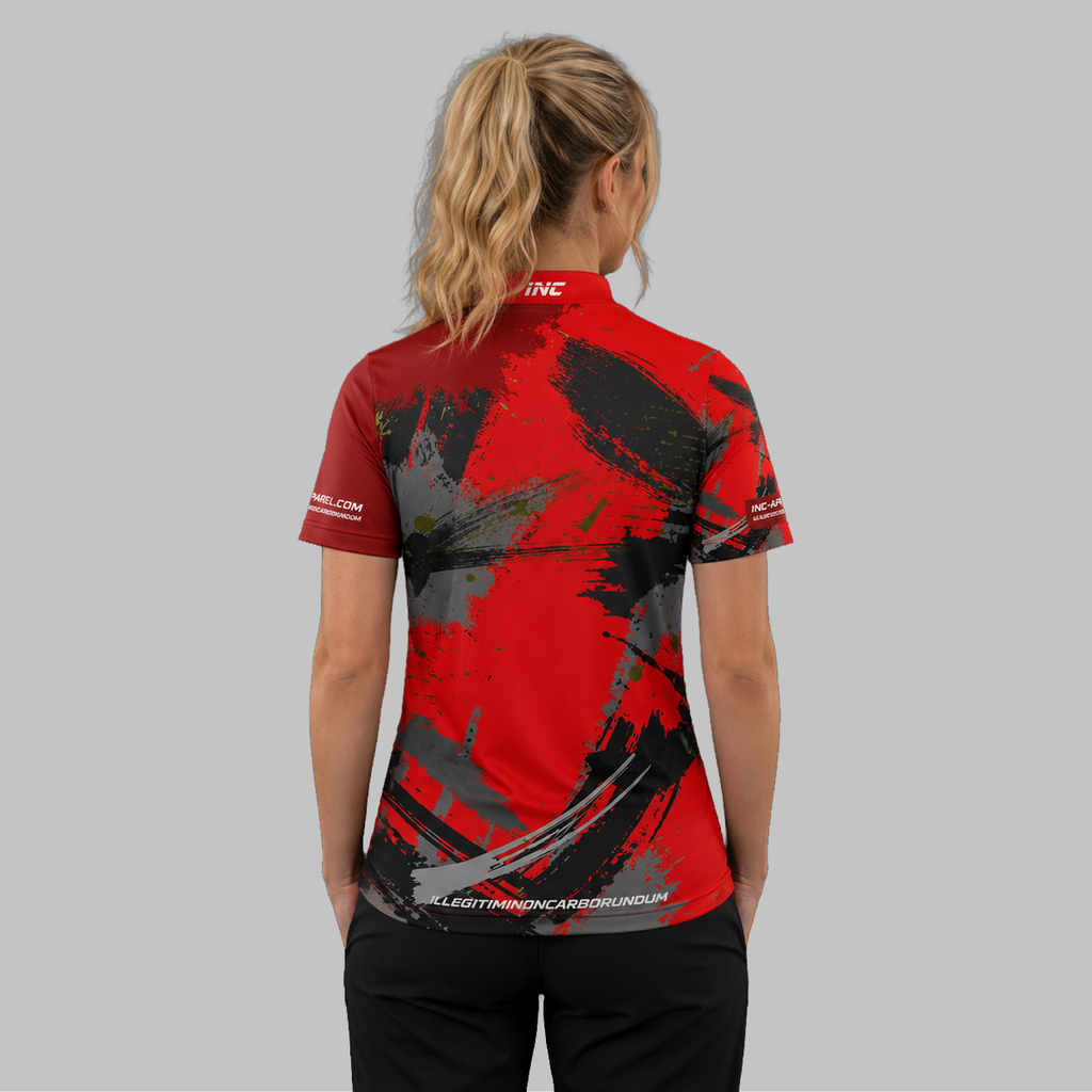 Back view of the Women's Rogatus Sanguis darts and pool shirt, highlighting the seamless and clean continuation of the bold graphic pattern across the shoulders.