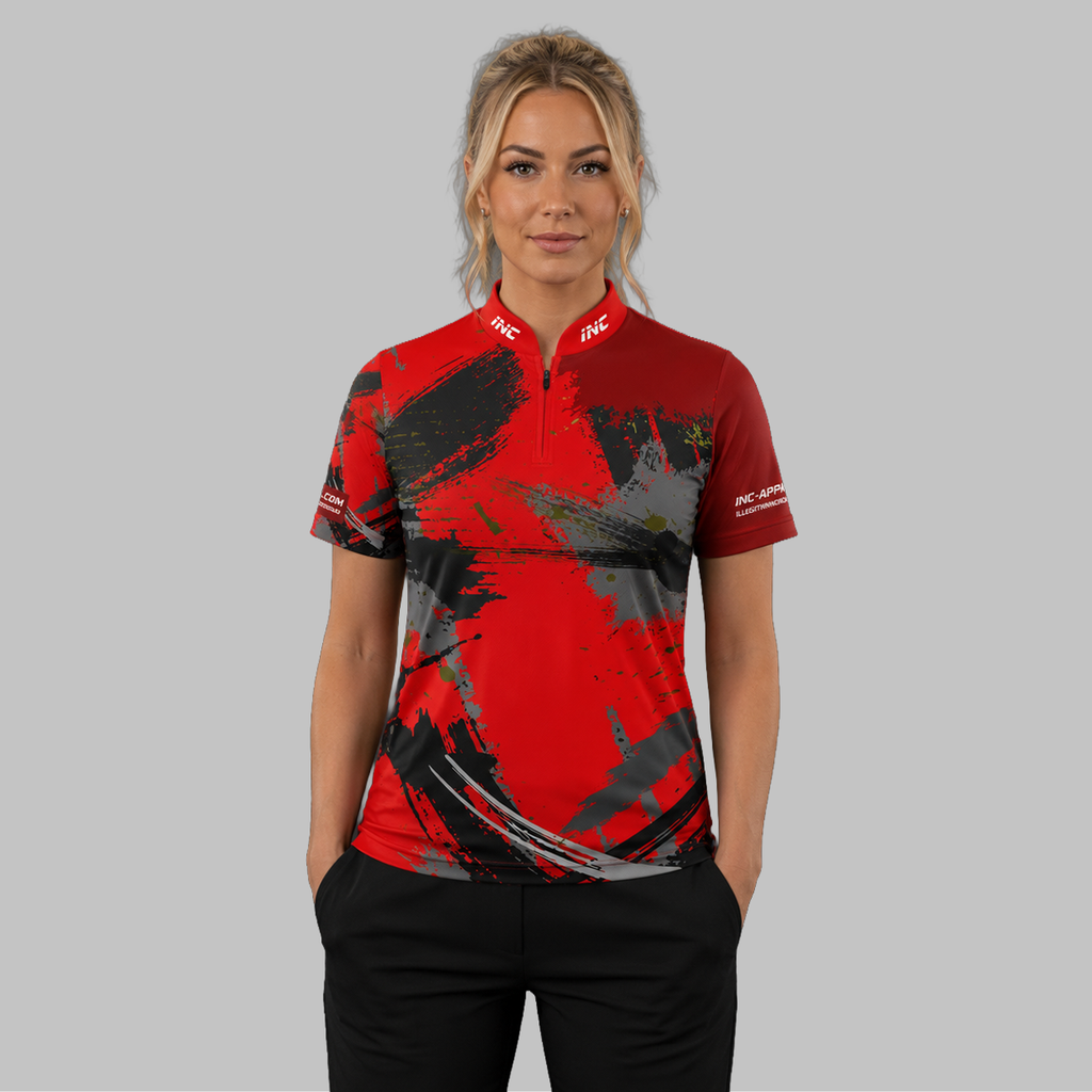 Front view of the Women's Rogatus Sanguis darts and pool shirt, showcasing the custom-tailored athletic jersey layout with its vivid crimson graphic design.