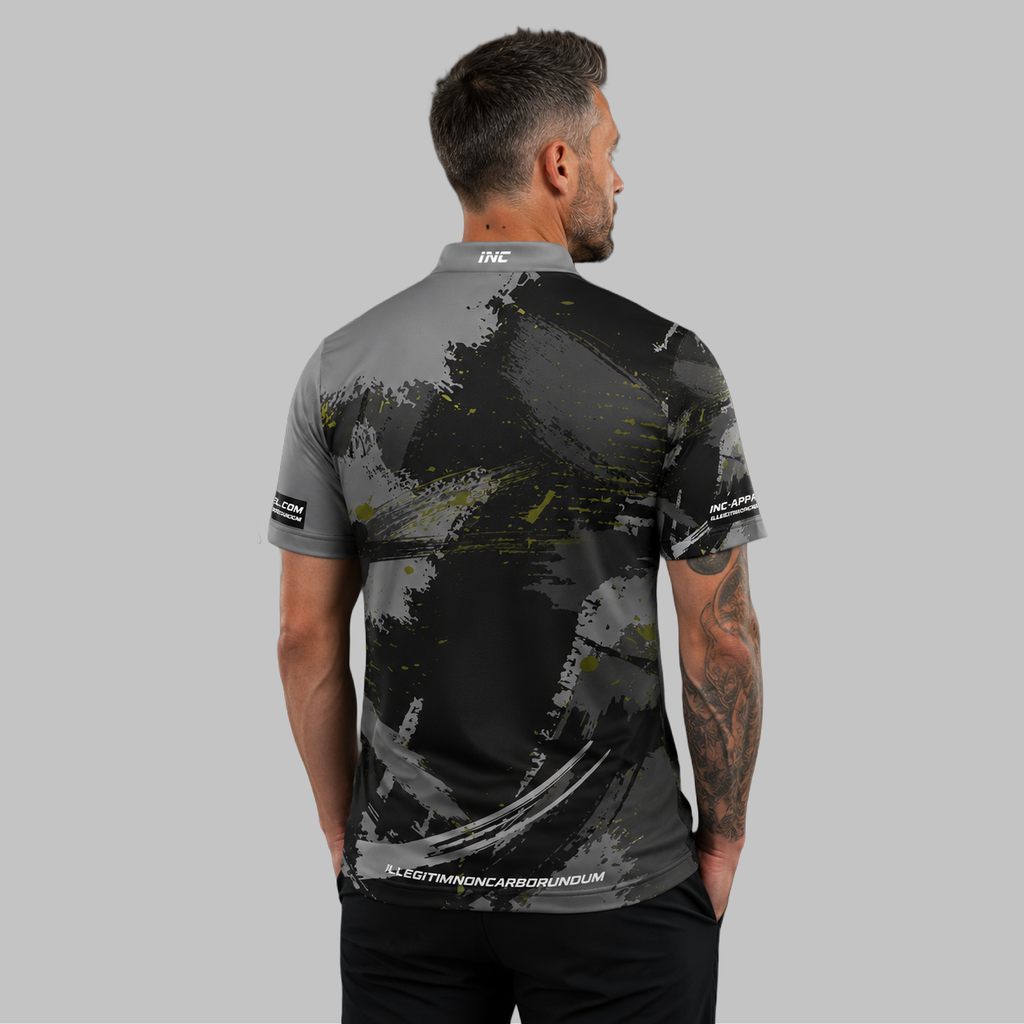 Back view of the Men and Youth Rogatus Umbra darts and pool shirt, showing the clean and continuous flow of the dark graphic design across the shoulders.