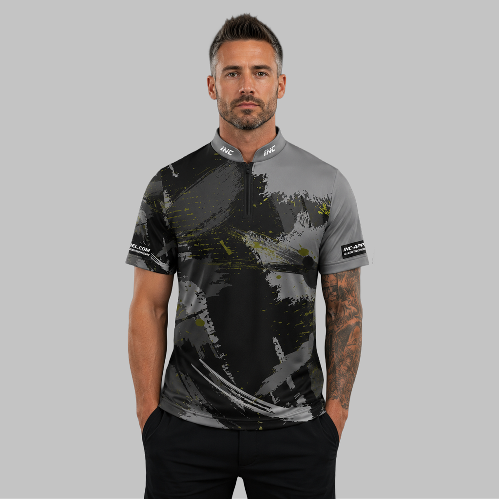 Front view of the Men and Youth Rogatus Umbra darts and pool shirt, showcasing the dynamic athletic jersey design with its sleek, deep shadow-toned graphic pattern.