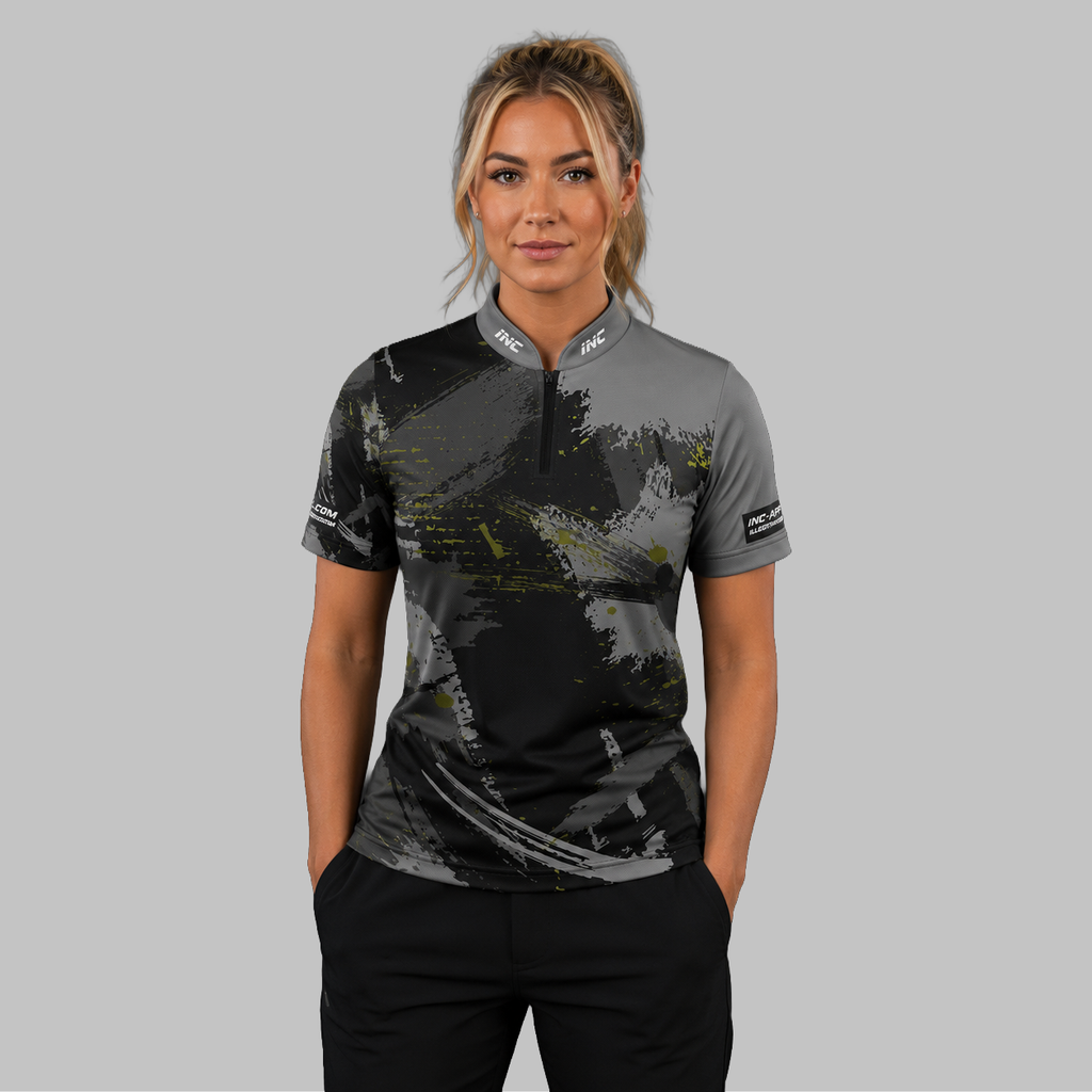Front view of the Women's Rogatus Umbra darts and pool shirt, showcasing the custom-tailored athletic jersey layout with its sleek, deep shadow-toned graphic pattern.