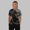 Front view of the Women's Rogatus Umbra darts and pool shirt, showcasing the custom-tailored athletic jersey layout with its sleek, deep shadow-toned graphic pattern.