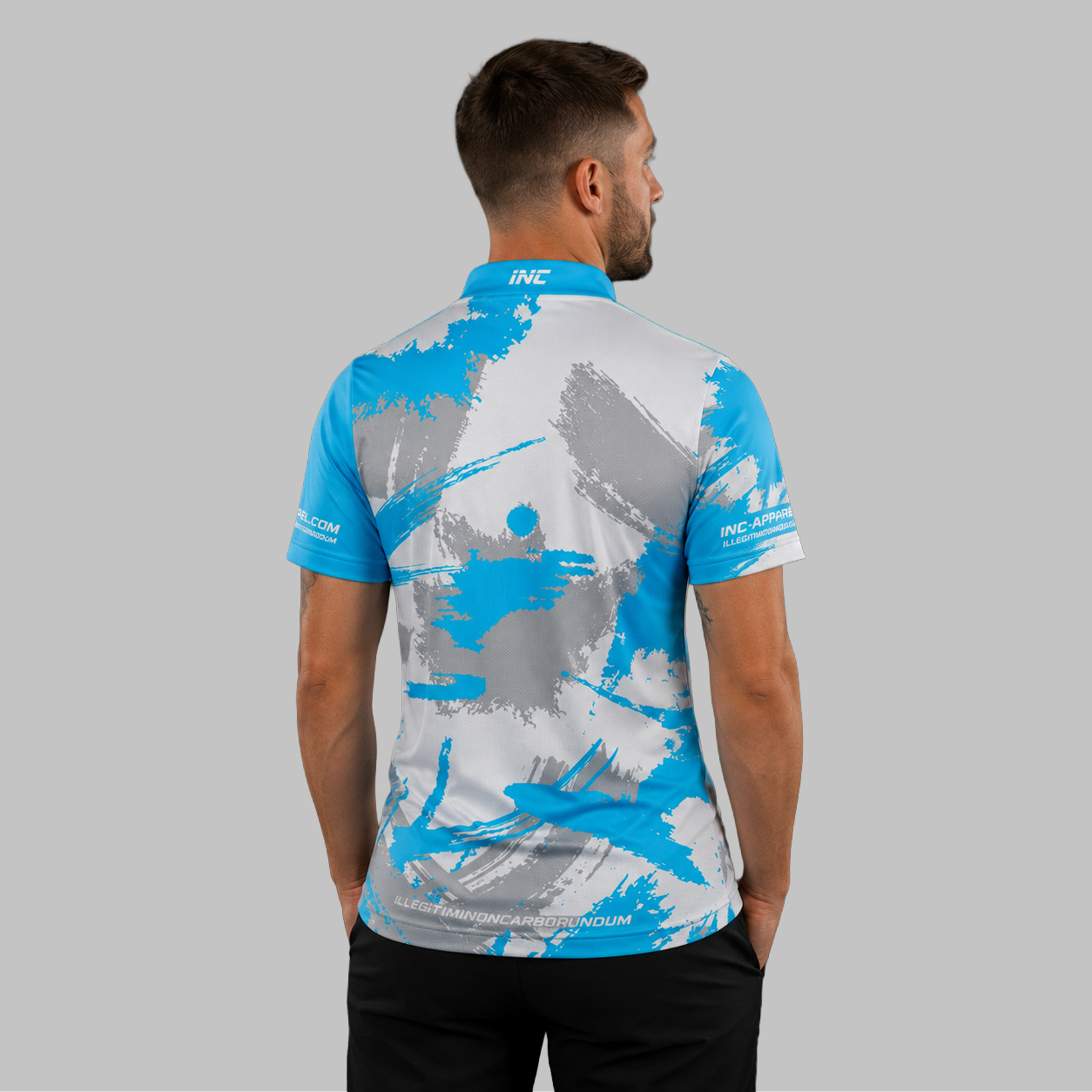 Back view of the Men and Youth Rogatus Vitriarius darts and pool shirt, showing the clean and continuous flow of the vibrant geometric layout across the shoulders.
