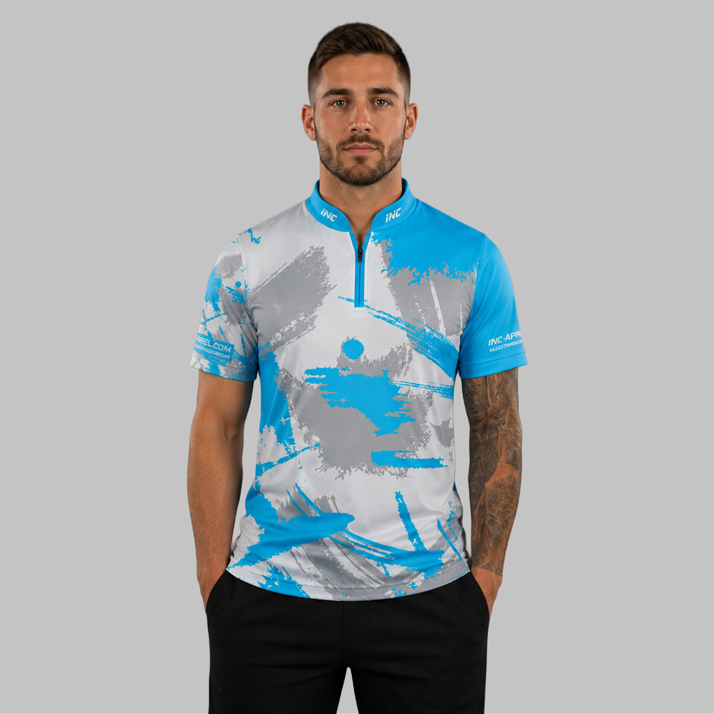 Front view of the Men and Youth Rogatus Vitriarius darts and pool shirt, showcasing the dynamic athletic jersey design with its unique stained-glass geometric pattern.