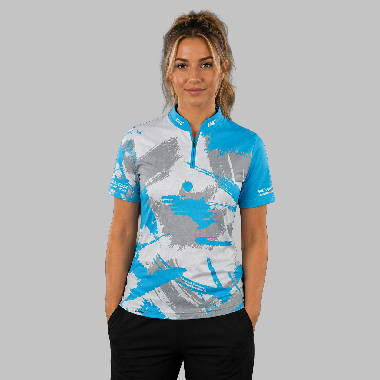 Front view of the Women's Rogatus Vitriarius darts and pool shirt, showcasing the custom-tailored athletic jersey layout with its intricate stained-glass graphic design.