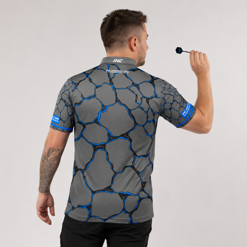 Back view of the Men and Youth Saxosus blue darts shirt, showing the clean continuation of the premium graphic athletic pattern across the back.