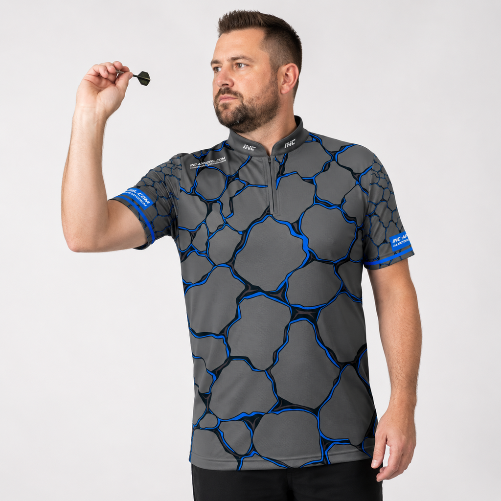Front view of the Men and Youth Saxosus blue darts shirt, featuring a dynamic and bold athletic jersey design in vibrant shades of blue.