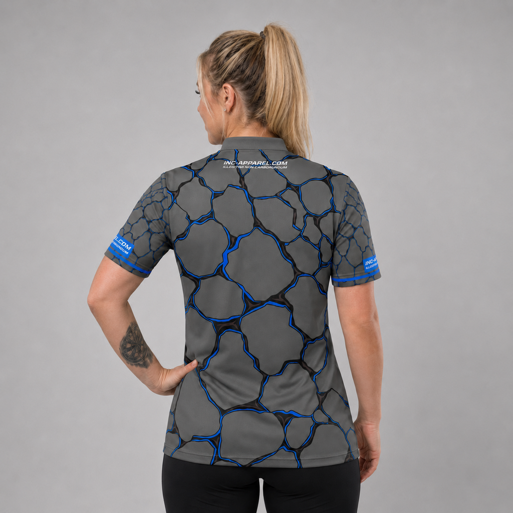 Back view of the Womens Saxosus blue darts shirt, showing the clean continuation of the bold graphic athletic pattern across the back.
