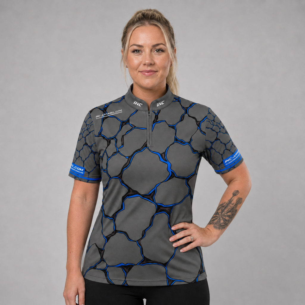 Front view of the Womens Saxosus blue darts shirt, featuring a custom tailored athletic jersey design in vibrant shades of blue.