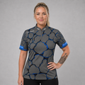 Front view of the Womens Saxosus blue darts shirt, featuring a custom tailored athletic jersey design in vibrant shades of blue.
