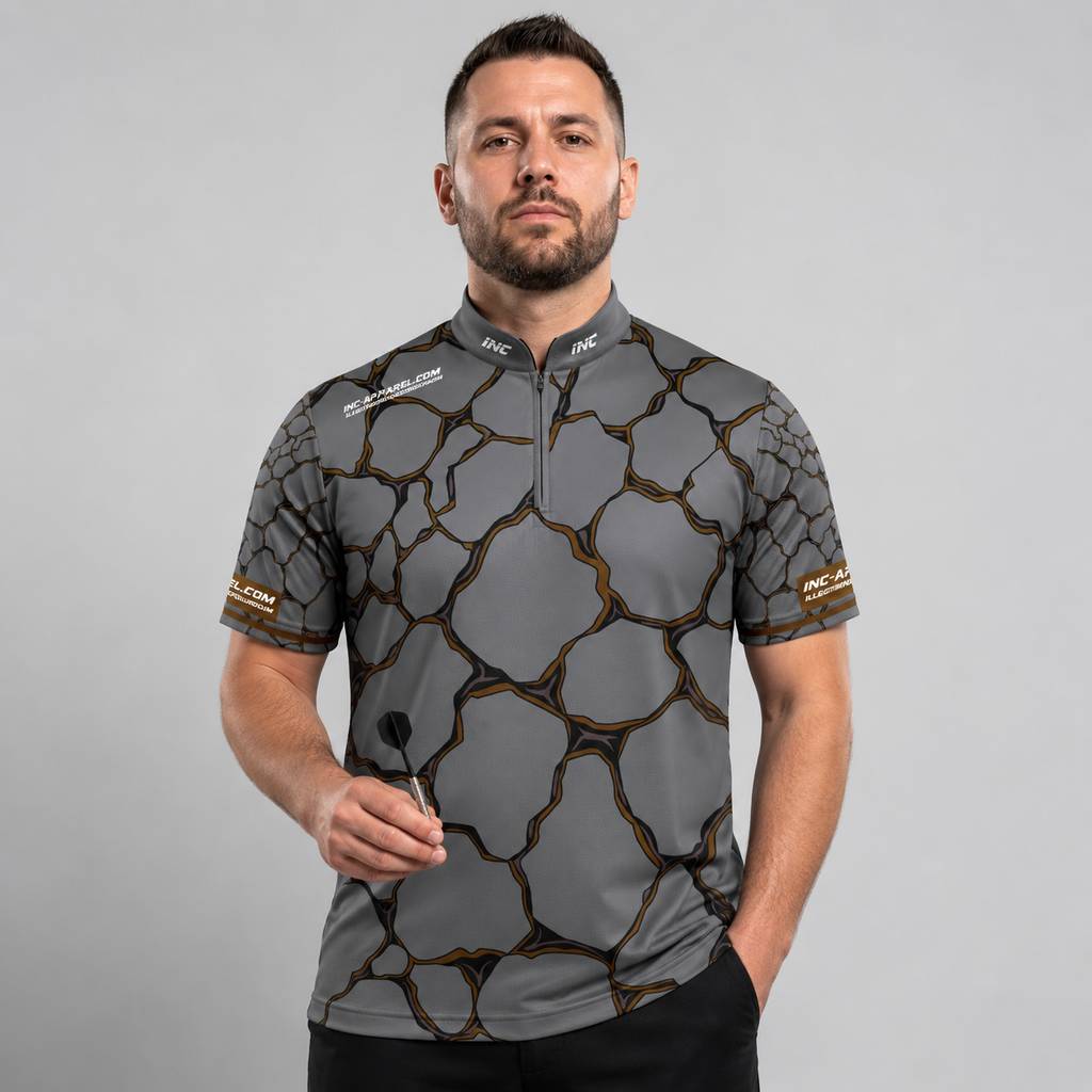 Front view of the Men and Youth Saxosus brown darts shirt, featuring a dynamic and bold athletic jersey design in rich shades of brown.