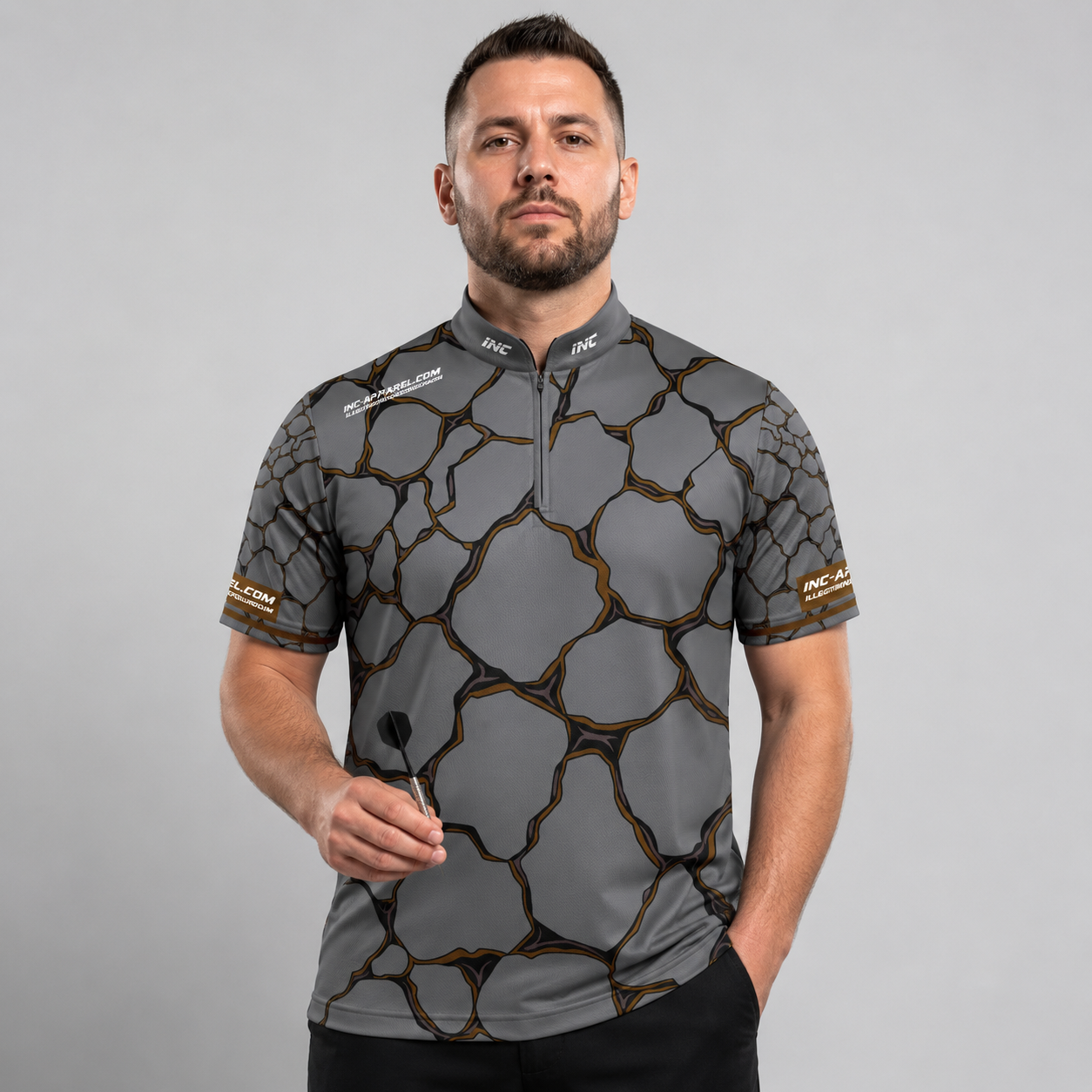 Front view of the Men and Youth Saxosus brown darts shirt, featuring a dynamic and bold athletic jersey design in rich shades of brown.