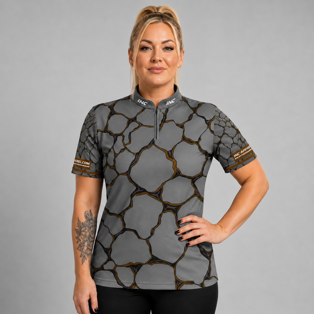 Front view of the Womens Saxosus brown darts shirt, featuring a custom tailored athletic jersey design in rich shades of brown.