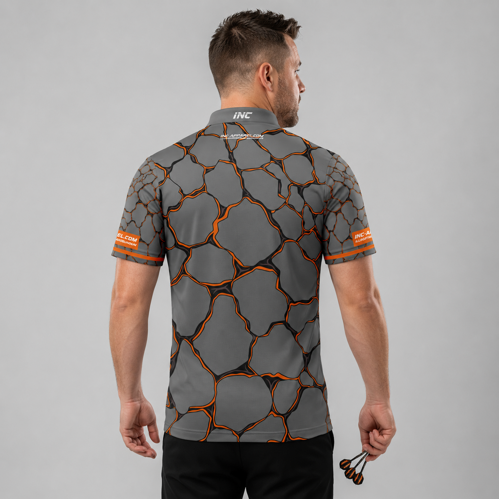 Back view of the Men and Youth Saxosus orange darts shirt, showing the clean continuation of the premium graphic athletic pattern across the back.