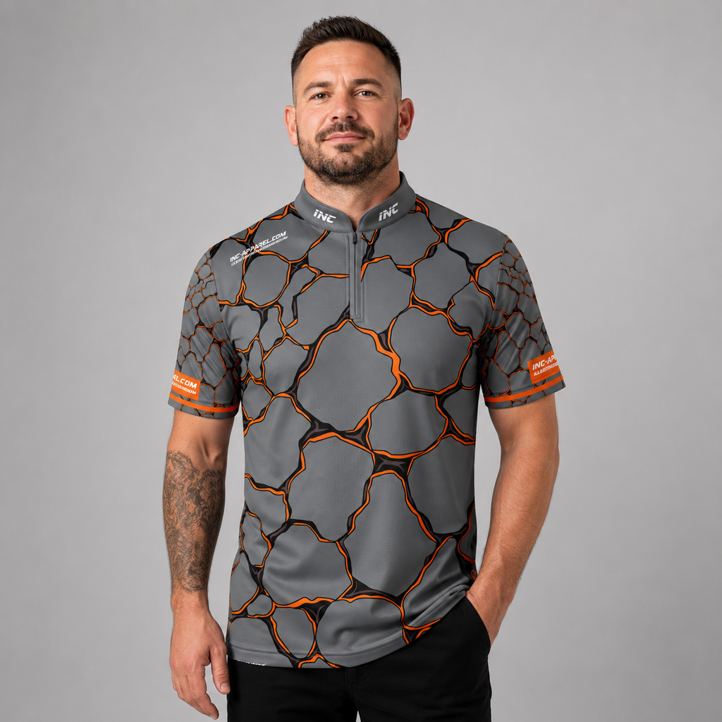 Front view of the Men and Youth Saxosus orange darts shirt, featuring a dynamic and bold athletic jersey design in vibrant shades of orange.