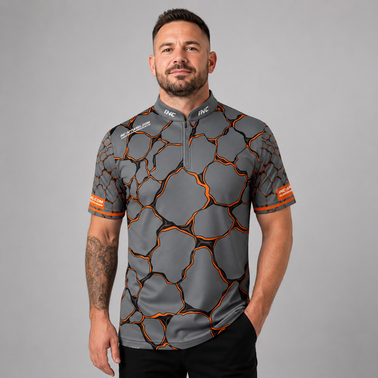 Front view of the Men and Youth Saxosus orange darts shirt, featuring a dynamic and bold athletic jersey design in vibrant shades of orange.