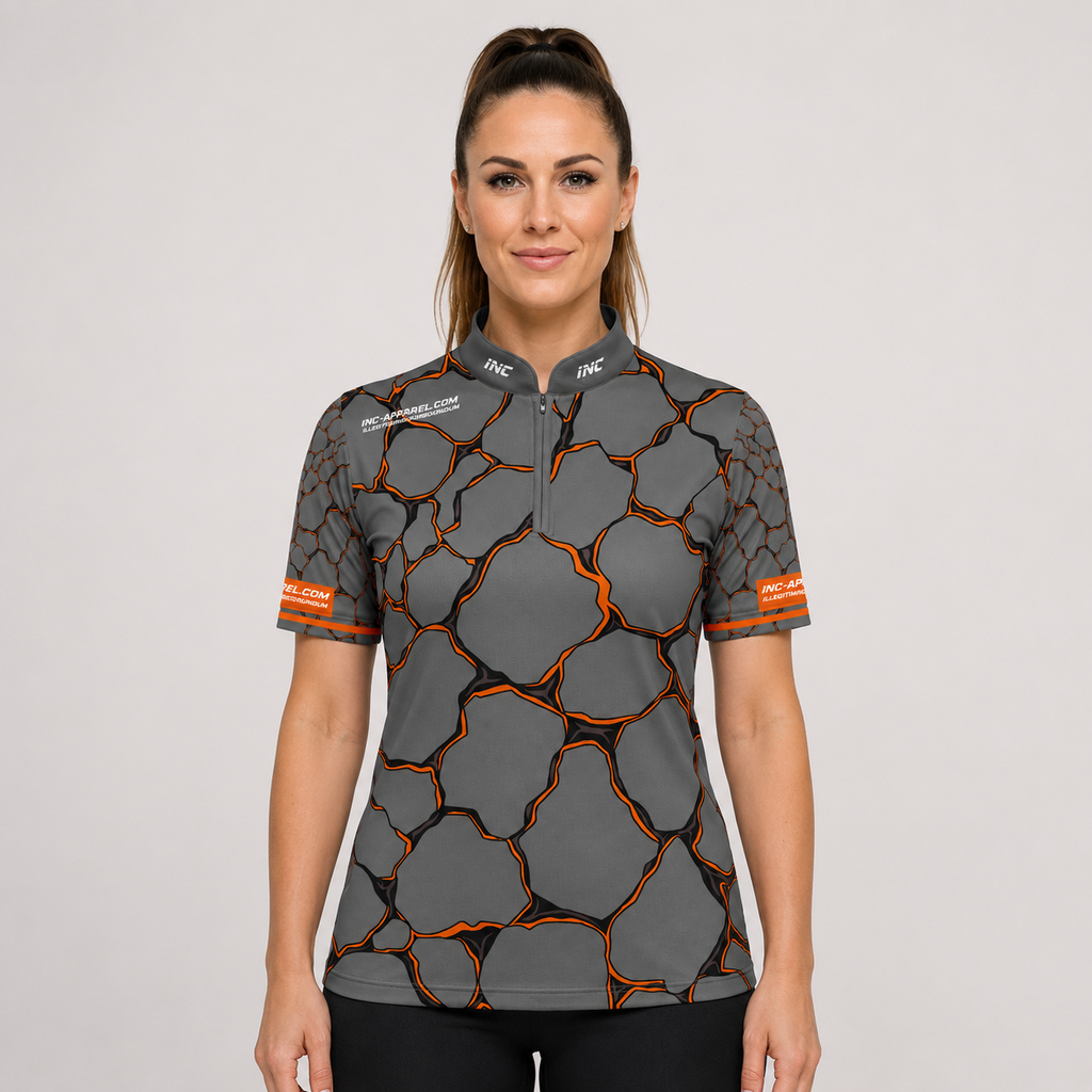 Front view of the Womens Saxosus orange darts shirt, featuring a custom tailored athletic jersey design in vibrant shades of orange.