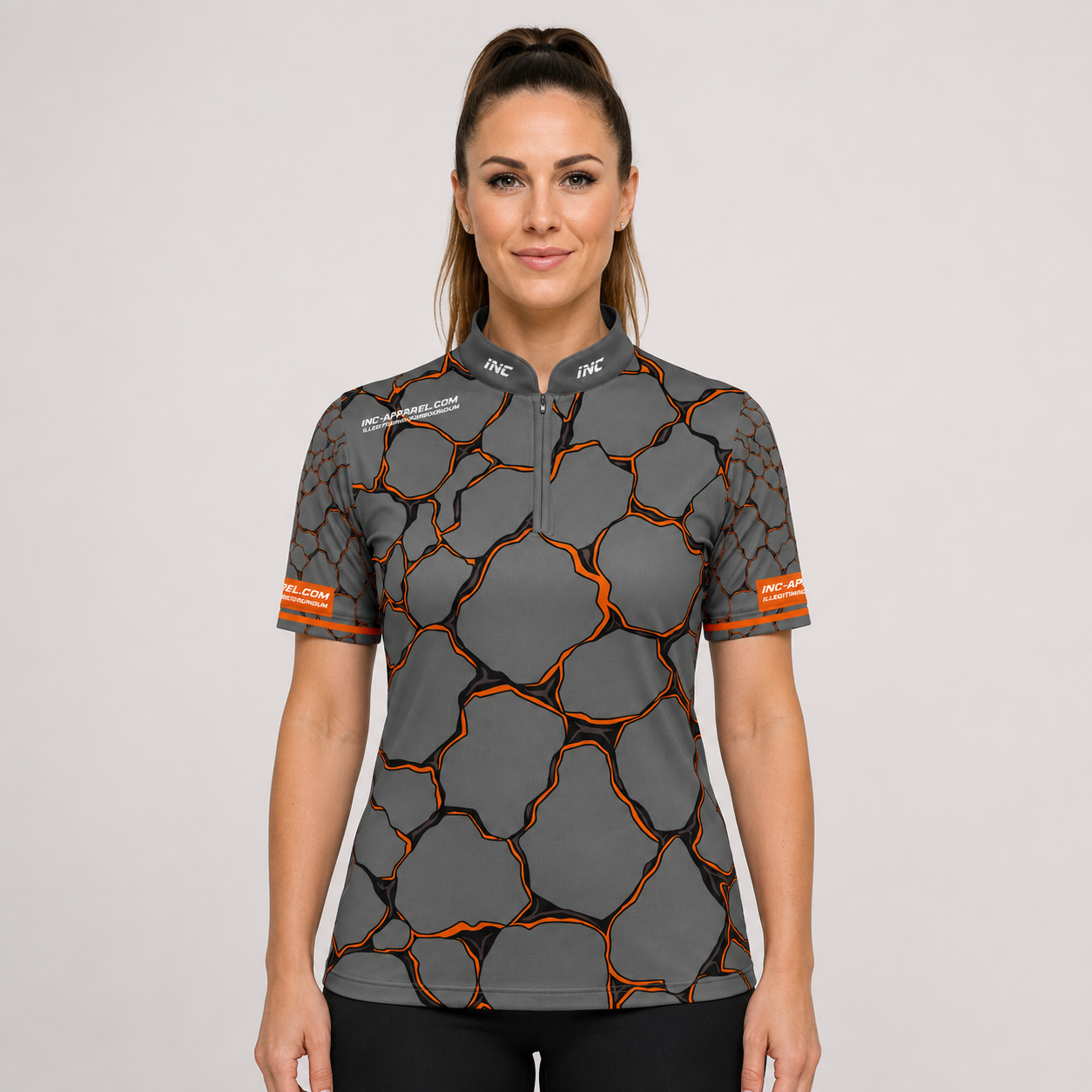 Front view of the Womens Saxosus orange darts shirt, featuring a custom tailored athletic jersey design in vibrant shades of orange.