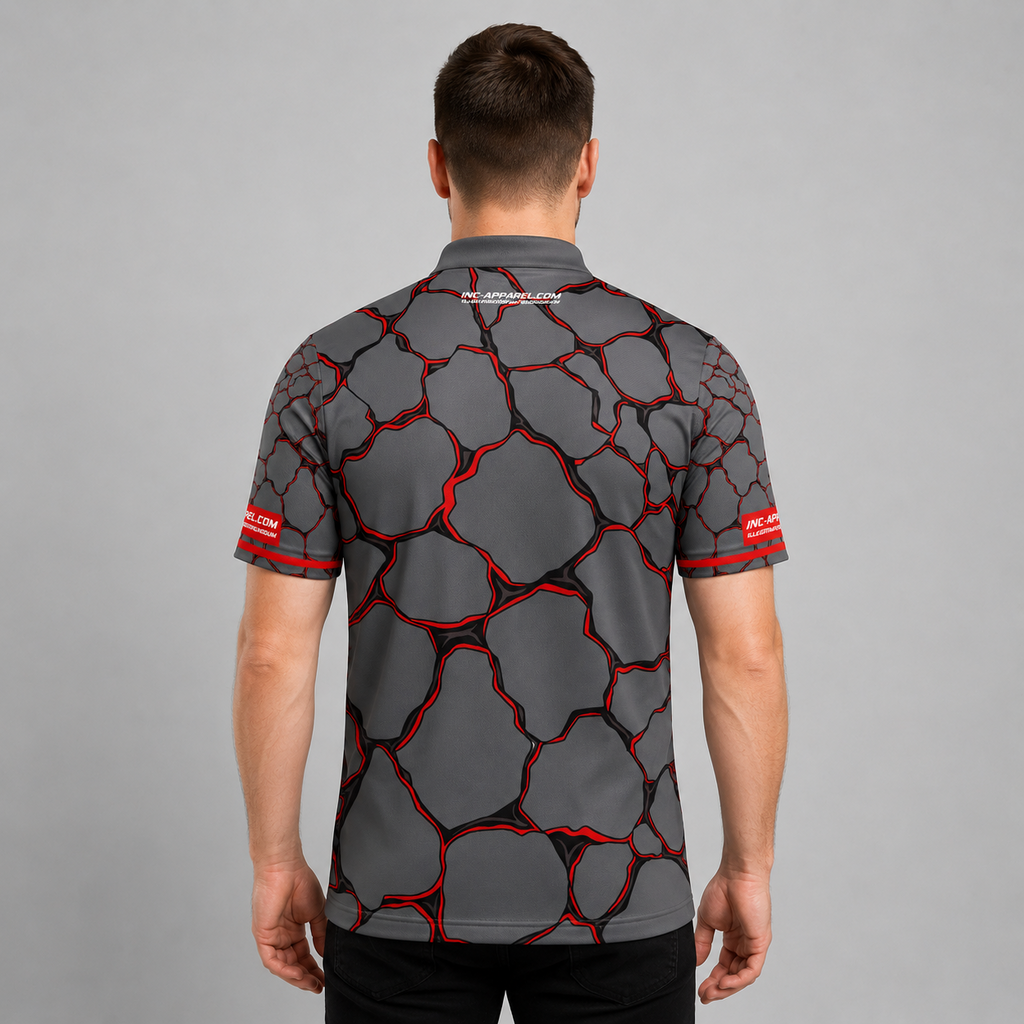 Back view of the Men and Youth Saxosus red darts shirt, showing the clean continuation of the premium graphic athletic pattern across the back.